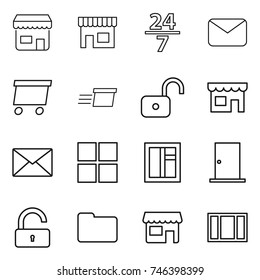 thin line icon set : shop, 24 7, mail, delivery, unlock, window, door, documents