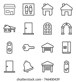 thin line icon set : shop, wc, home, house with garage, door, arch window, do not distrub, key, fridge, bell, please clean