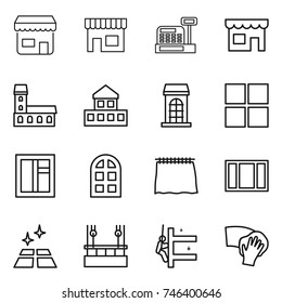 thin line icon set : shop, cashbox, mansion, cottage, building, window, arch, curtain, clean floor, skysrcapers cleaning, skyscrapers, wiping