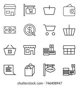 thin line icon set : shop, signboard, basket, wallet, money, dollar arrow, cart, delete, store, market, shopping list, bag, mall