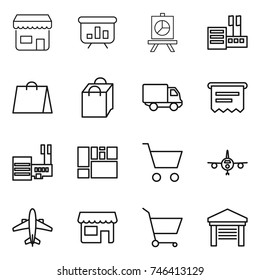 thin line icon set : shop, presentation, store, shopping bag, delivery, atm receipt, mall, consolidated cargo, cart, plane, airplane, garage