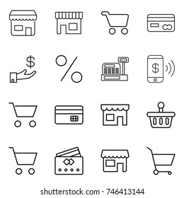 thin line icon set : shop, cart, card, investment, percent, cashbox, phone pay, credit, basket