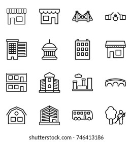 thin line icon set : shop, bridge, drawbridge, houses, goverment house, building, modular, city, office, bus, garden cleaning
