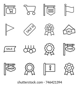 thin line icon set : shop signboard, cart, flag, sale, medal, store, important
