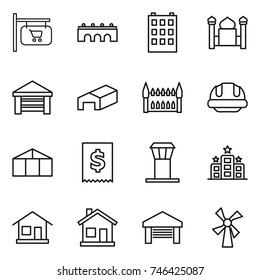 thin line icon set : shop signboard, bridge, building, minaret, garage, warehouse, gothic architecture, helmet, greenhouse, tax, airport tower, hotel, home, windmill