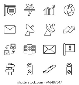 thin line icon set : shop signboard, 24 7, diagram, circle, mail, satellite antenna, up down arrow, notebook connect, server, important flag, signpost, do not distrub, stairs