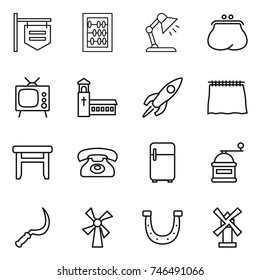 thin line icon set : shop signboard, abacus, table lamp, purse, tv, church, rocket, curtain, stool, phone, fridge, hand mill, sickle, windmill, horseshoe