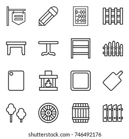 thin line icon set : shop signboard, pencil, abacus, pallet, table, rack, fence, cutting board, fireplace, trees, wheel, barrel