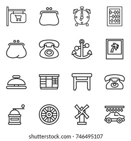 thin line icon set : shop signboard, purse, alarm clock, abacus, phone, anchor, photo, service bell, wardrobe, stool, hand mill, wheel, windmill, car wash