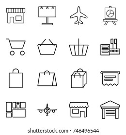thin line icon set : shop, billboard, plane, presentation, cart, basket, store, shopping bag, atm receipt, consolidated cargo, garage
