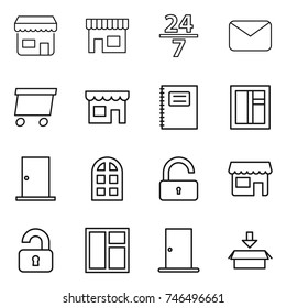 thin line icon set : shop, 24 7, mail, delivery, copybook, window, door, arch, unlock, unlocked, package