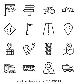 thin line icon set : shop signboard, singlepost, bike, drawbridge, under construction, outdoor light, road, geo pin, map, route, traffic, train, bus, sweeper