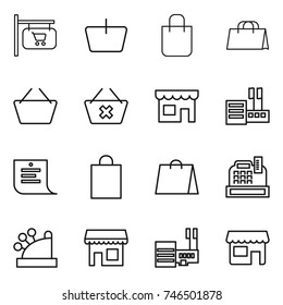 thin line icon set : shop signboard, basket, shopping bag, delete cart, store, list, cashbox, mall