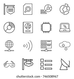thin line icon set : shop signboard, search document, diagram, circle, annual report, chip, notebook, globe connect, wireless, server, cloude service, smart glasses, store, list, satellite antenna