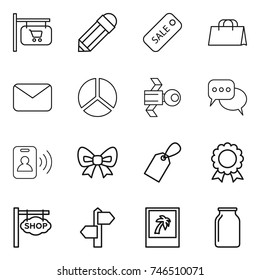 thin line icon set : shop signboard, pencil, sale, shopping bag, mail, diagram, satellite, discussion, pass card, bow, label, medal, signpost, photo, bank