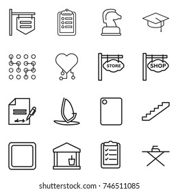 thin line icon set : shop signboard, clipboard, chess horse, graduate hat, chip, cardio, store, inventory, windsurfing, cutting board, stairs, utility room, list, iron