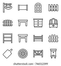 thin line icon set : shop signboard, fence, arch window, table, chest of drawers, dresser, rack, stool, crib, cutting board, wheel, farm, hive