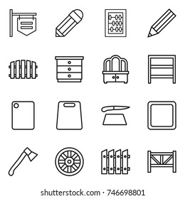 thin line icon set : shop signboard, pencil, abacus, fence, chest of drawers, dresser, rack, cutting board, axe, wheel, farm