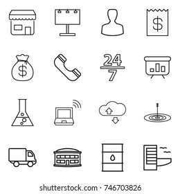 thin line icon set : shop, billboard, man, receipt, money bag, phone, 24 7, presentation, flask, notebook wireless, cloude service, target, delivery, airport building, barrel, hotel