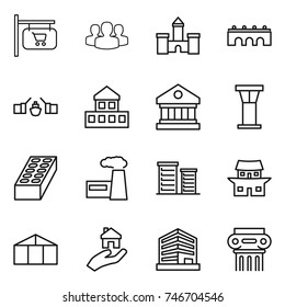 thin line icon set : shop signboard, group, castle, bridge, drawbridge, cottage, library, airport tower, brick, factory, district, japanese house, greenhouse, real estate, office, antique column