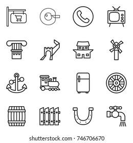 thin line icon set : shop signboard, cell corection, phone, tv, column, greate wall, japanese house, windmill, anchor, train, fridge, wheel, barrel, fence, horseshoe, water tap