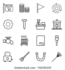 thin line icon set : shop signboard, coin stack, flag, around gear, nail, customs control, detector, water tap, radiator, kitchen scales, handle, toaster, fork, horseshoe, rake