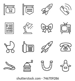 thin line icon set : shop signboard, rocket, call, abacus, table lamp, bow, tv, baby stroller, phone, walnut crack, hand mill, horseshoe, apron