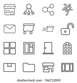 thin line icon set : shop, share, 24 7, mail, delivery, unlock, window, door, arch, package box, documents