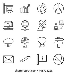thin line icon set : shop signboard, diagram, circle, notebook, globe connect, satellite antenna, cloud wireless, cardio chip, singlepost, mail, stairs, important flag, no smoking