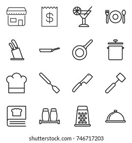 thin line icon set : shop, receipt, cocktail, cafe, stands for knives, pan, cook hat, spatula, chef knife, meat hammer, cooking book, salt pepper, grater, meal cap