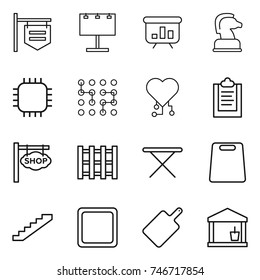 thin line icon set : shop signboard, billboard, presentation, chess horse, chip, cardio, clipboard, pallet, iron board, cutting, stairs, utility room