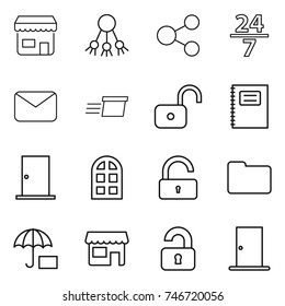 thin line icon set : shop, share, 24 7, mail, delivery, unlock, copybook, door, arch window, documents, insurance, unlocked