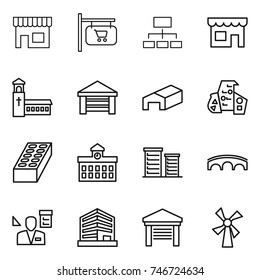 thin line icon set : shop, signboard, hierarchy, church, garage, warehouse, modern architecture, brick, university, district, bridge, architector, office, windmill