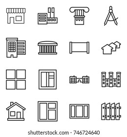 thin line icon set : shop, store, column, draw compass, houses, airport building, fence, window, school, palace, home
