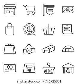thin line icon set : shop, cart, signboard, money, shopping bag, dollar arrow, basket, list, sale, warehouse, hangare, credit card, heavy