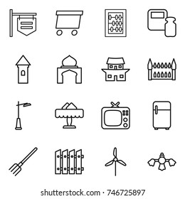 thin line icon set : shop signboard, delivery, abacus, scales weight, tower, minaret, japanese house, gothic architecture, outdoor light, restaurant, tv, fridge, fork, fence, windmill