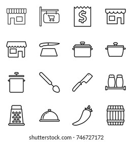 thin line icon set : shop, signboard, receipt, cutting board, pan, big spoon, chef knife, salt pepper, grater, meal cap, hot, barrel