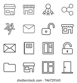thin line icon set : shop, share, 24 7, mail, unlock, copybook, window, documents, door