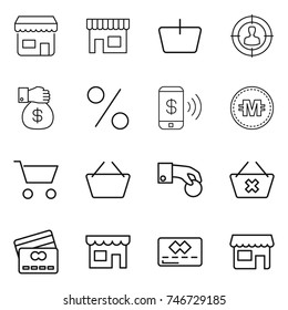 thin line icon set : shop, basket, target audience, money gift, percent, phone pay, crypto currency, cart, hand coin, delete, credit card