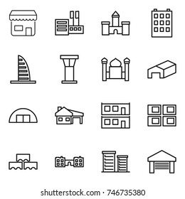 thin line icon set : shop, store, castle, building, skyscraper, airport tower, minaret, warehouse, hangare, house with garage, modular, panel, block wall, school, district