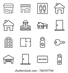 thin line icon set : shop, wc, home, mansion, house with garage, door, arch window, plan, do not distrub, key, welcome mat