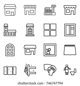 thin line icon set : shop, cashbox, mansion, building, window, arch, flower in, curtain, clean, skyscrapers cleaning, wiping, toilet