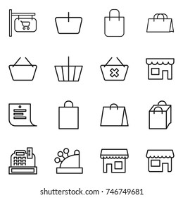 thin line icon set : shop signboard, basket, shopping bag, delete cart, list, cashbox