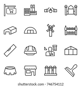 thin line icon set : shop signboard, store, drawbridge, minaret, warehouse, hangare, windmill, gothic architecture, level, building helmet, architector, greenhouse, stadium, grain elevator, scraper