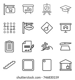 thin line icon set : shop signboard, presentation, graduate hat, chip, store, under construction, clipboard, inventory, surfer, cutting board, stairs, utility room