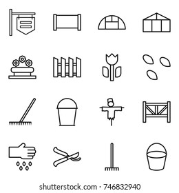 thin line icon set : shop signboard, fence, greenhouse, flower bed, perishable, seeds, rake, bucket, scarecrow, farm, sow, pruner