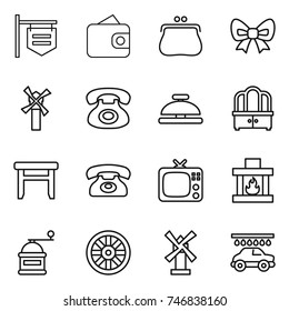thin line icon set : shop signboard, wallet, purse, bow, windmill, phone, service bell, dresser, stool, tv, fireplace, hand mill, wheel, car wash