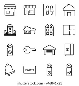 thin line icon set : shop, wc, home, mansion, house with garage, arch window, plan, do not distrub, key, fridge, bell, welcome mat, please clean