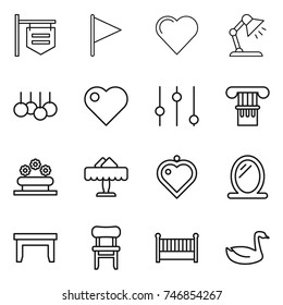 thin line icon set : shop signboard, flag, heart, table lamp, sale, equalizer, column, flower bed, restaurant, pendant, mirror, chair, crib, goose