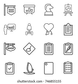 thin line icon set : shop signboard, presentation, chess horse, hoverboard, cardio chip, clipboard, under construction, pen, check, windsurfing, cutting board, list